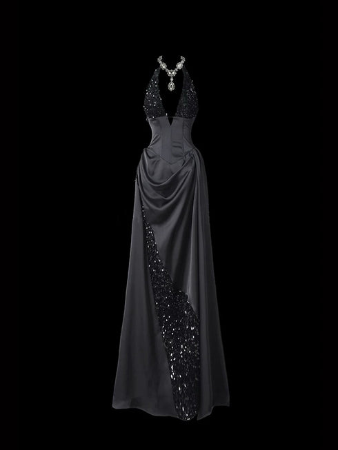 Gothic Black Halter Neck Dress for Wedding Guest - Black Satin Evening Dress Plus Size